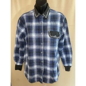 Falls Creek Womens Plaid Button Up Navy Size Womens Small Embroidered Collar VTG